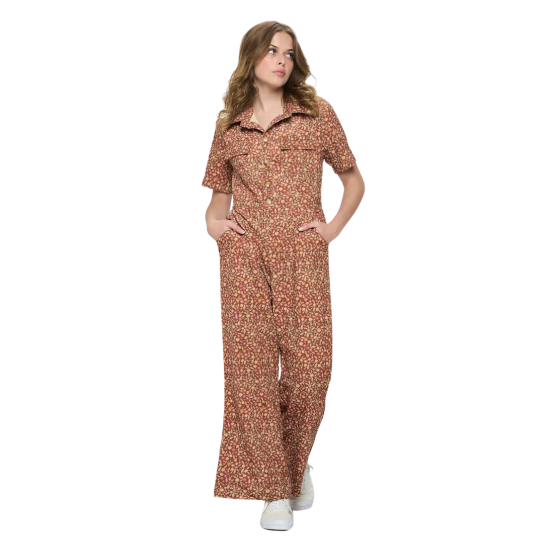 Fall Leaves Print Corduroy Jumpsuit Overall