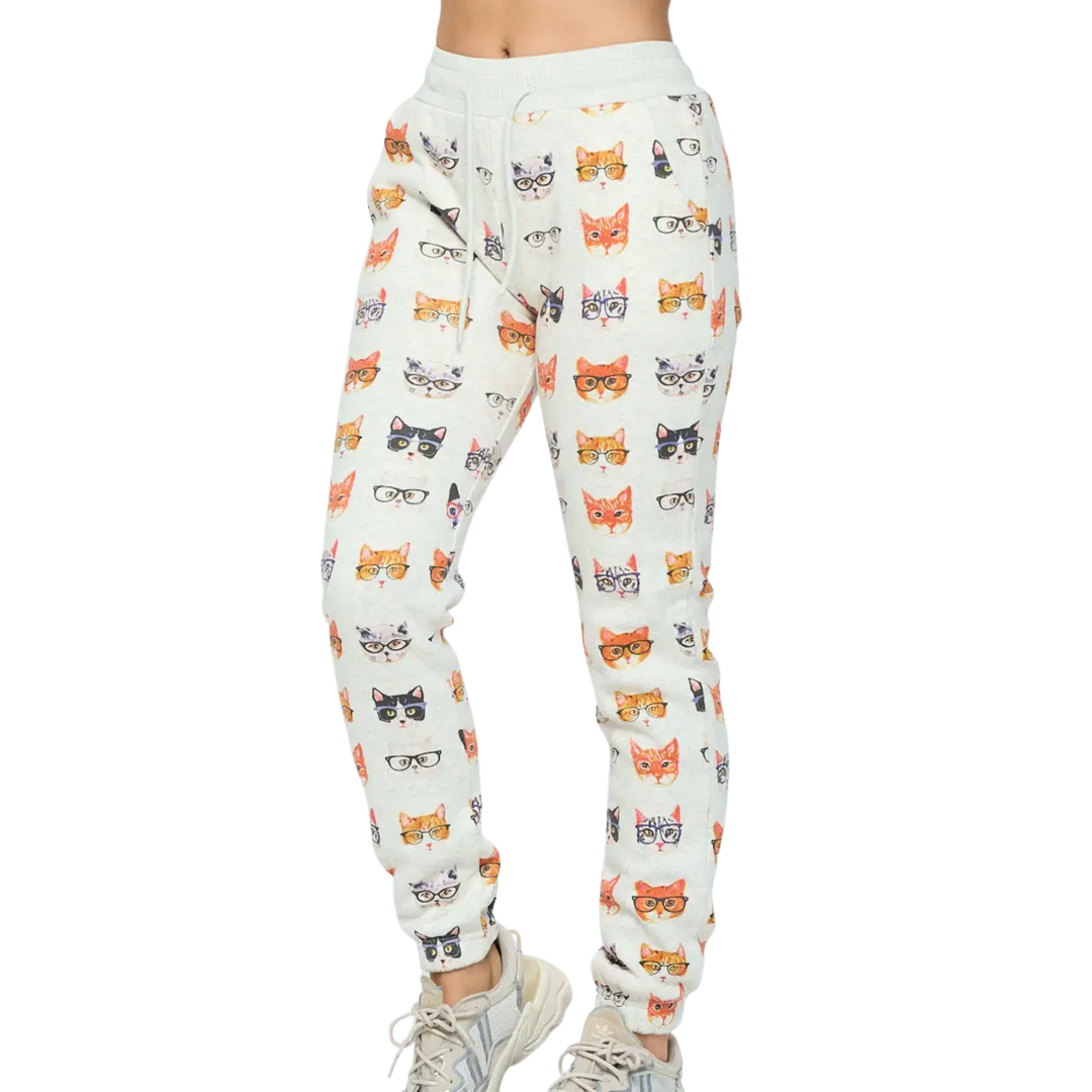 Kitty Wearing Glasses Print Sweatpants