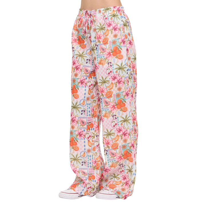 Tropical Fruits and Florals Wide-Leg Pants