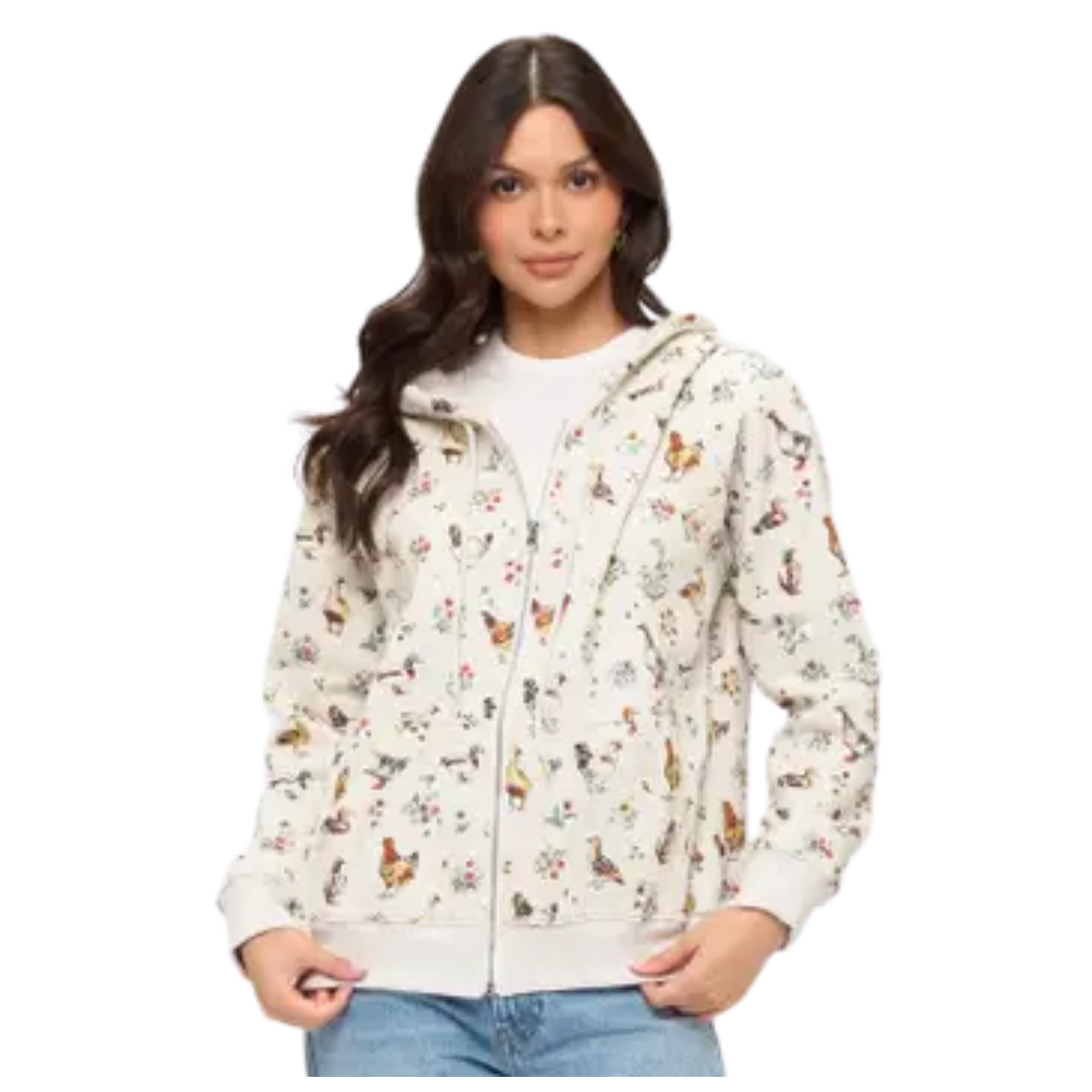Ducks and Chickens Floral Print Zip Up Hoodie