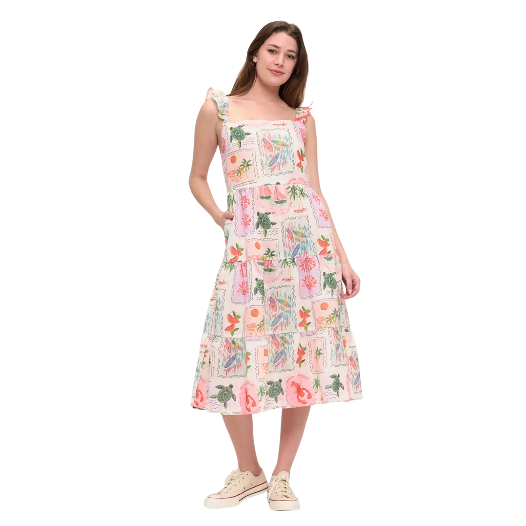 Coastal Vacation Ruffle-Sleeve Midi Dress