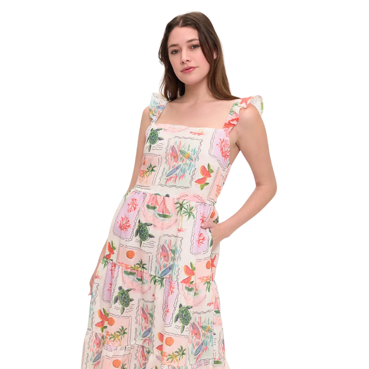 Coastal Vacation Ruffle-Sleeve Midi Dress