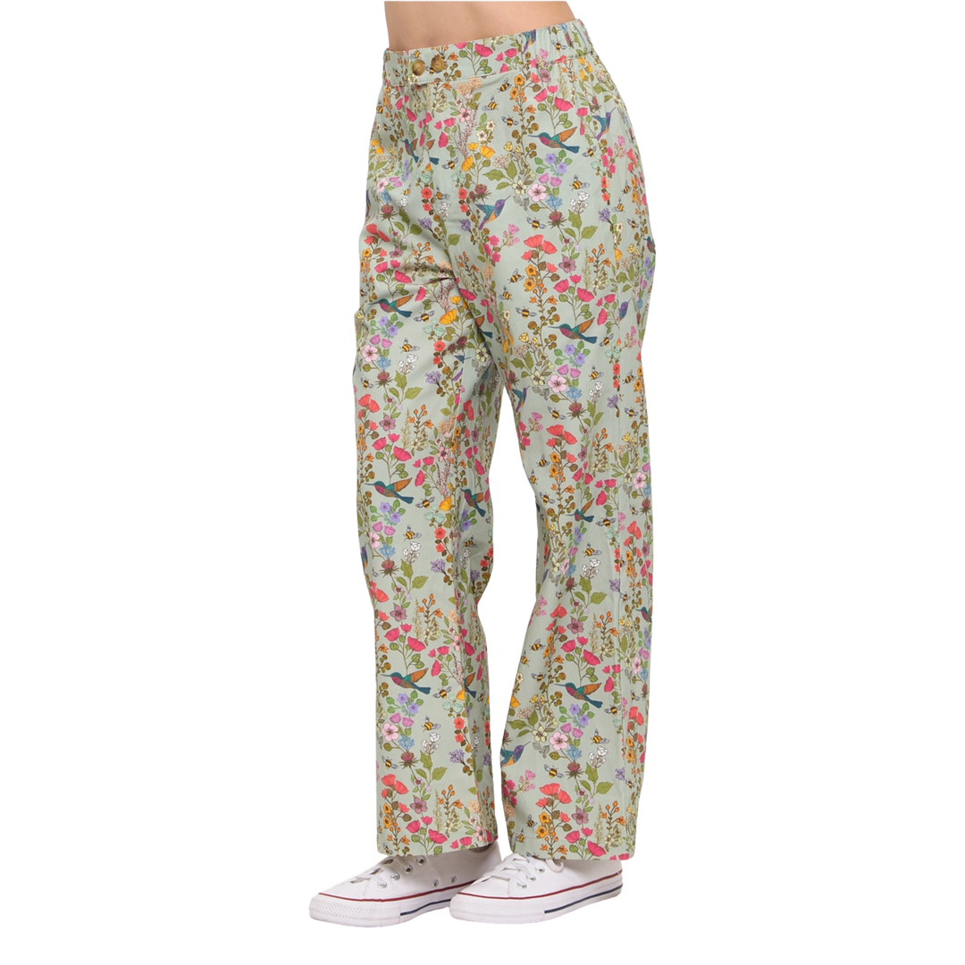 Green Floral Humming Bird Print Wide-Leg Pants