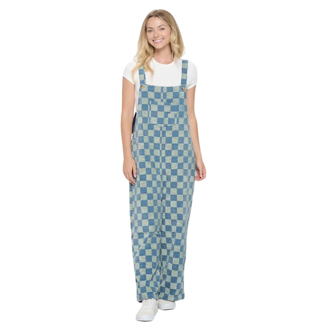 70's Style Checkered Flared Cotton Overall - LIGHT BLUE