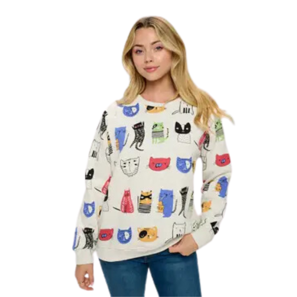 All Over Cartoon Cats Print Sweatshirt