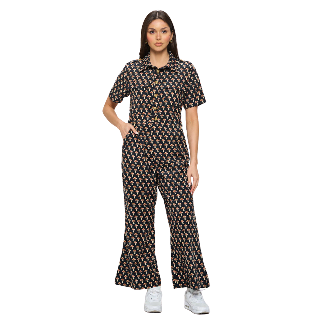 Mushroom Print Corduroy Jumpsuit Overall