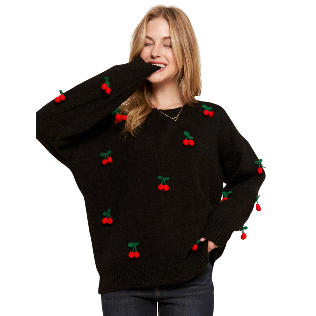 Cherry Pompom Detailed Sweater Top