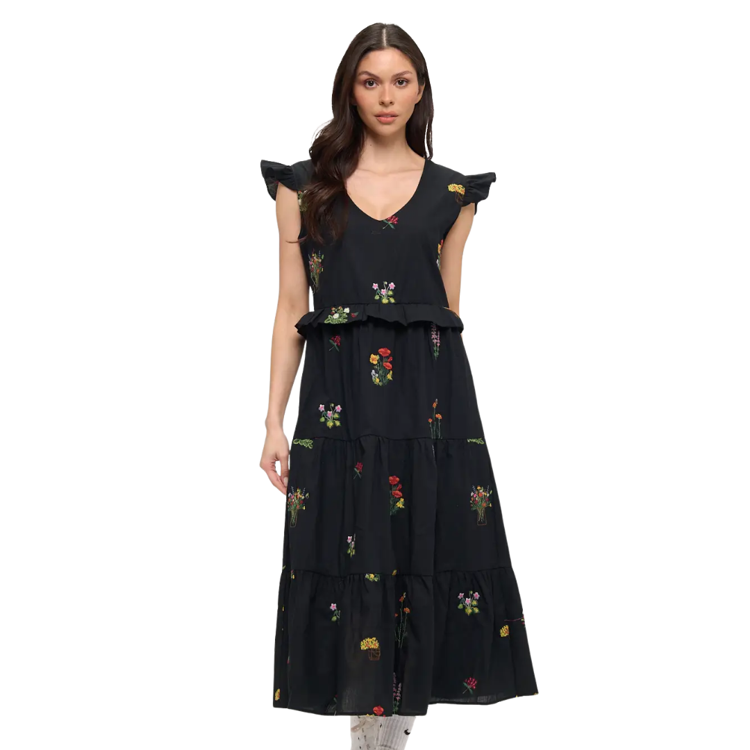 Midnight Meadow Embroidery Ruffle-Sleeve Midi Dress