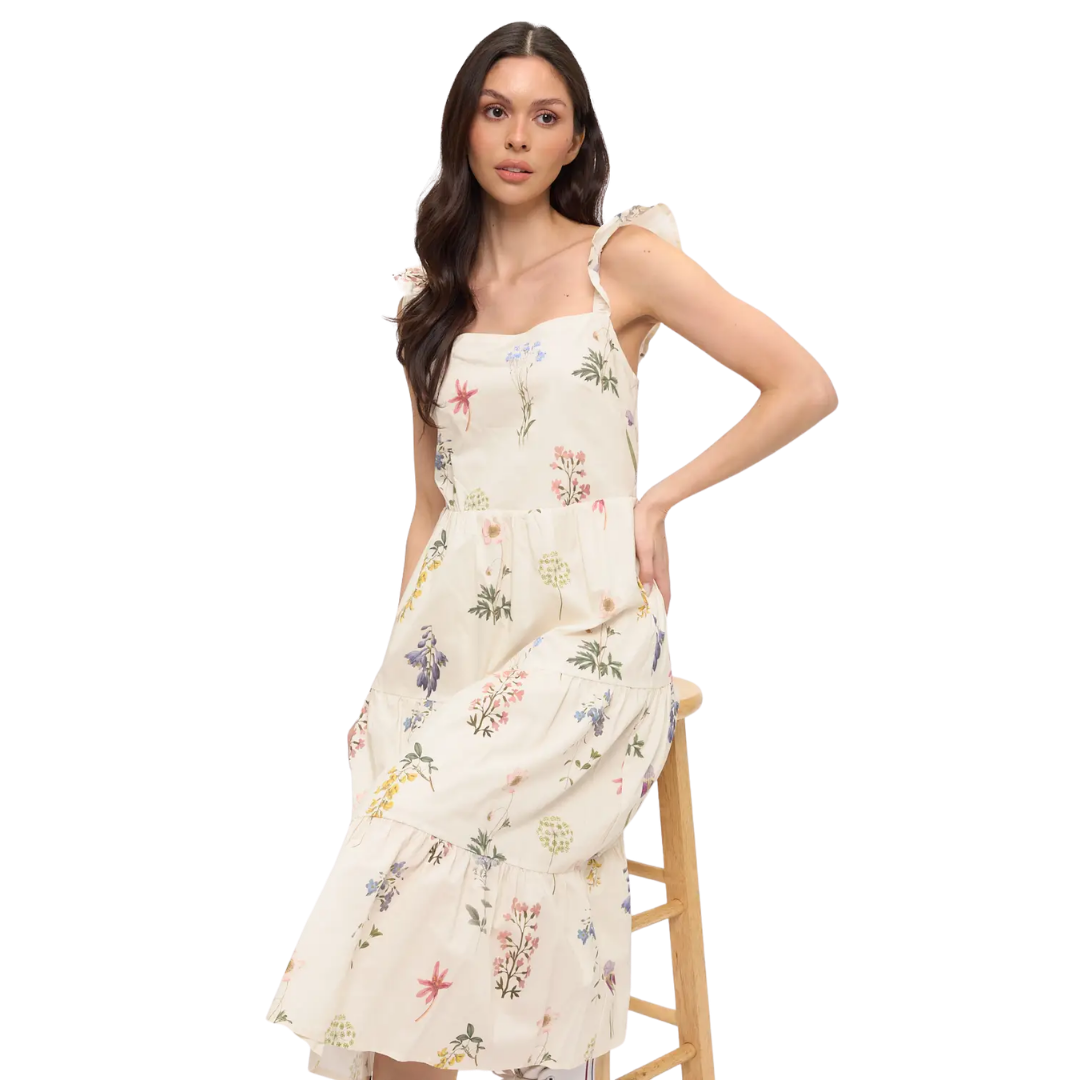 Vintage Floral Print Ruffle-Sleeve Midi Dress