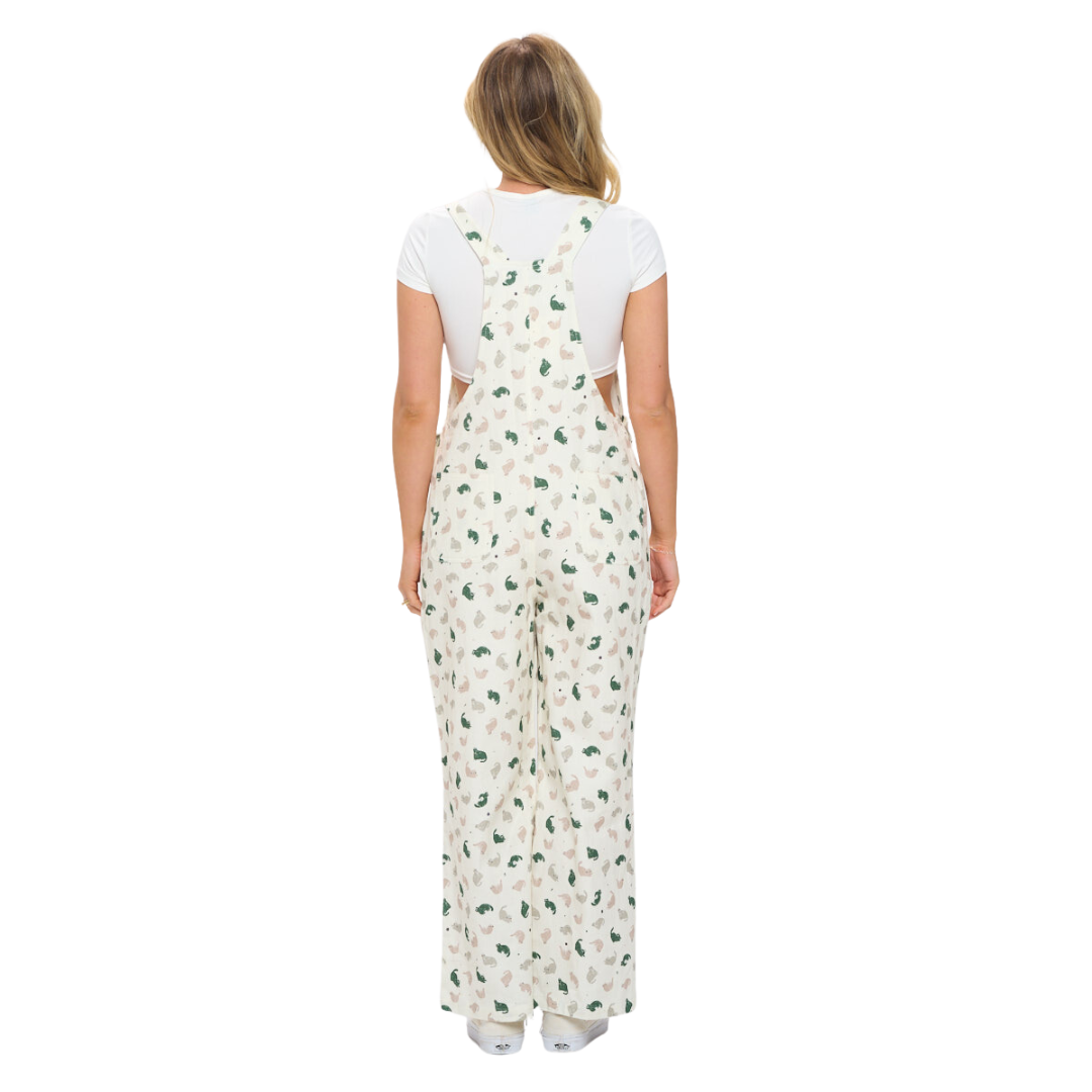 Green Cats Print Cotton Overall