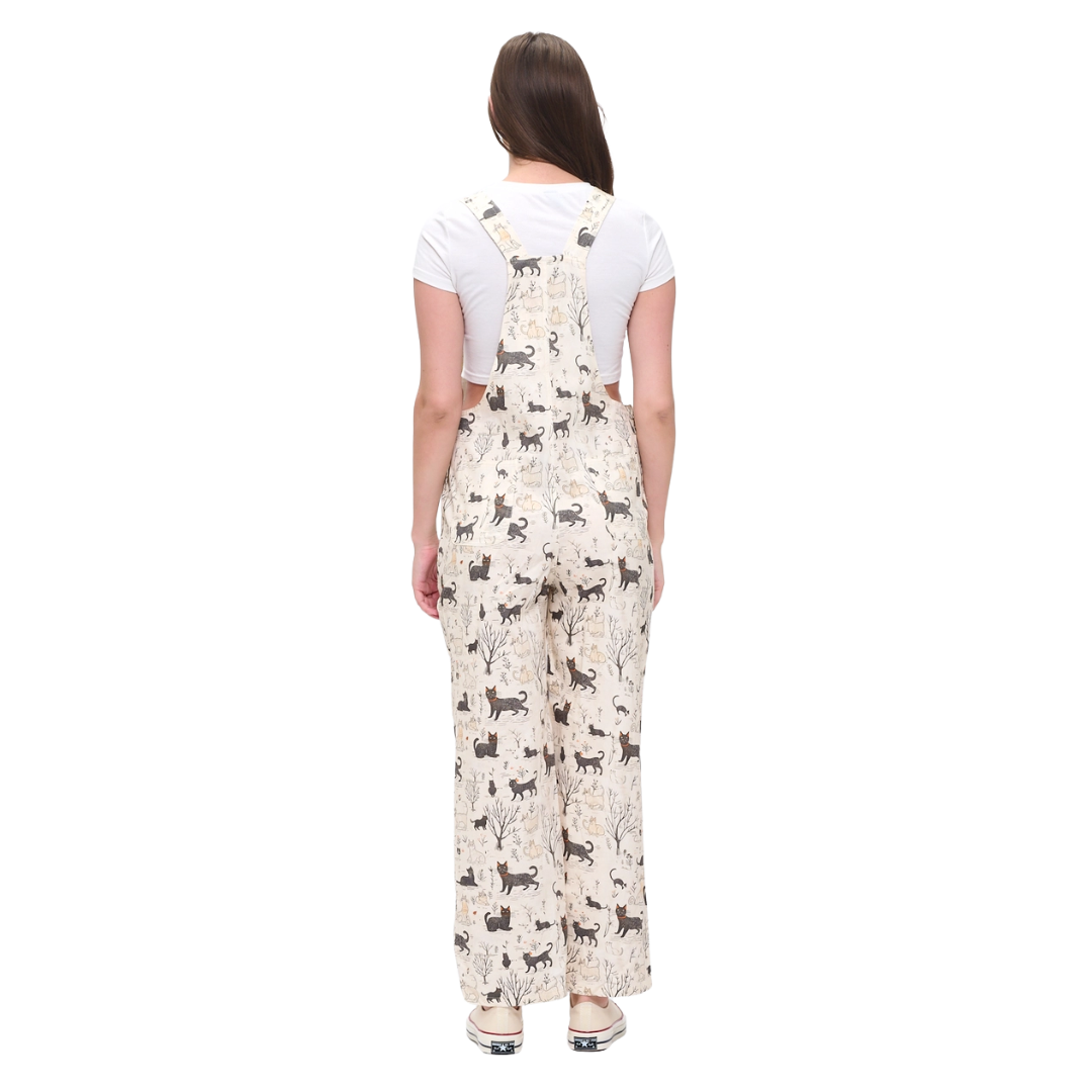 Whimsical Cat Forest Print Overalls