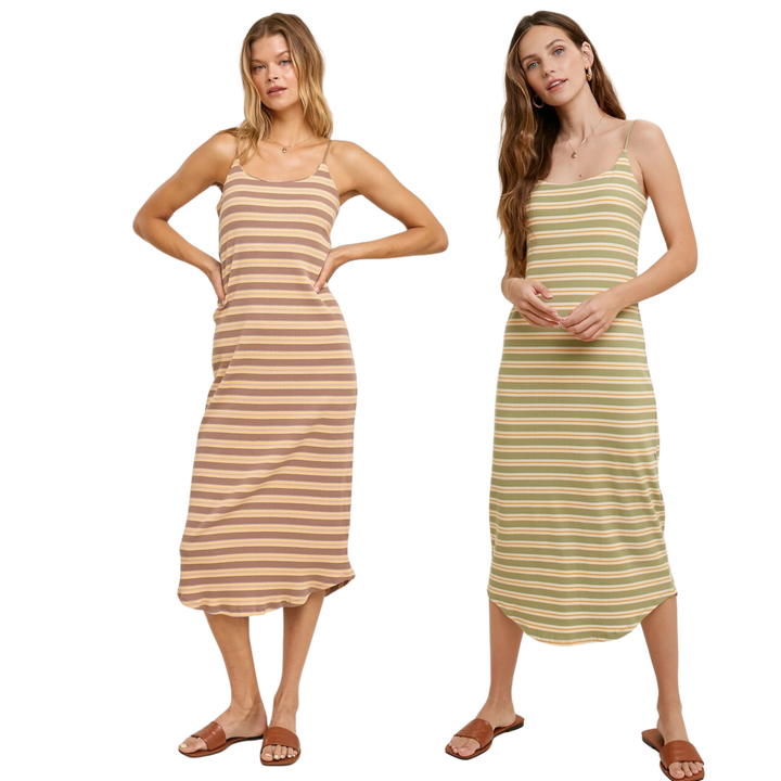 Stripe Knit Midi Dress with Rounded Hem