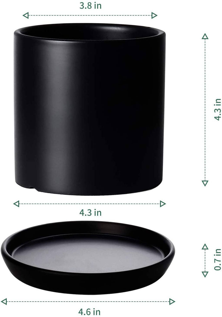 3.8 Inch Black Cylinder Plant Pot with Saucer