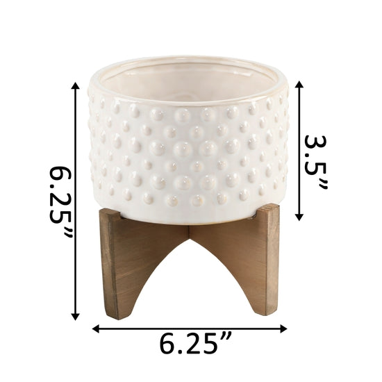 5" Hobnail Ceramic Planter On Wood Stand - Ivory