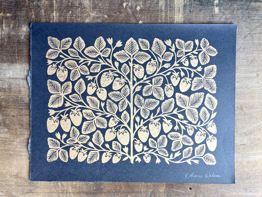 Hand Block Printed Gold  Strawberry Art Print