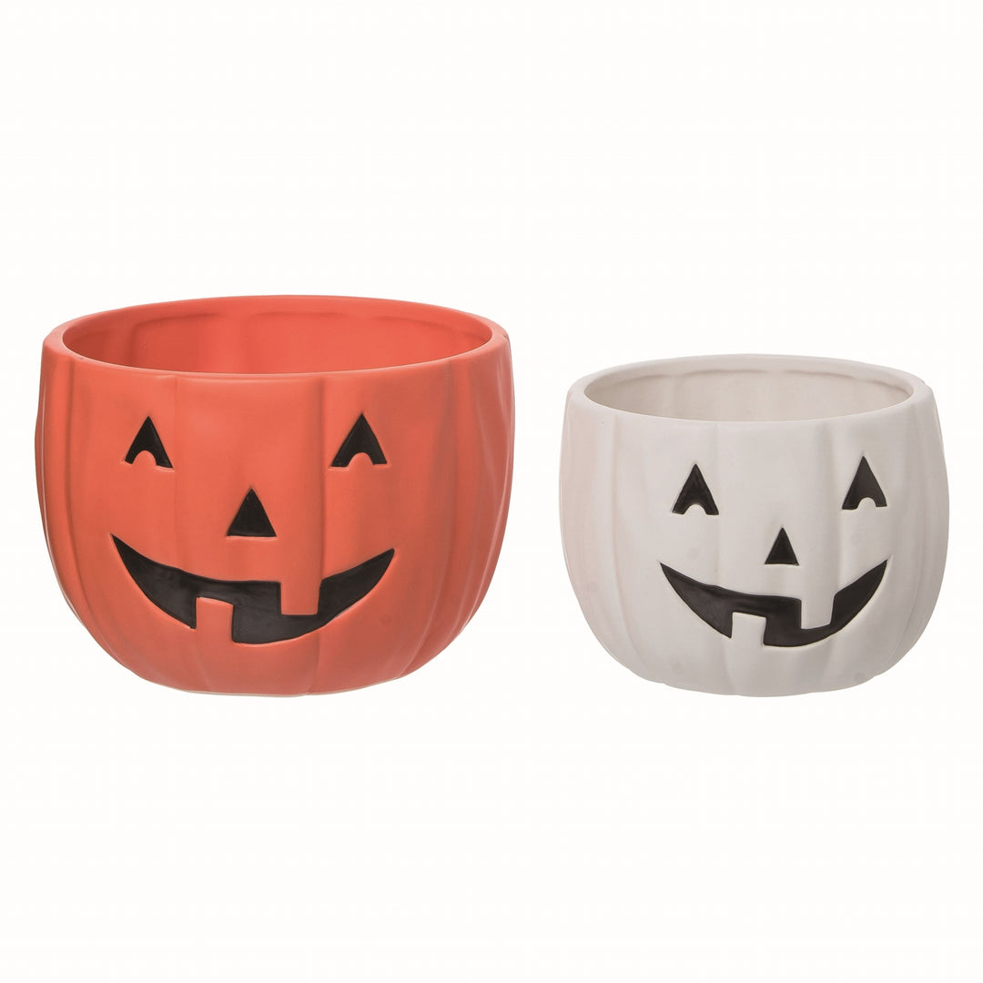 Ceramic Orange Jack-O-Lantern Bowls Set of 2