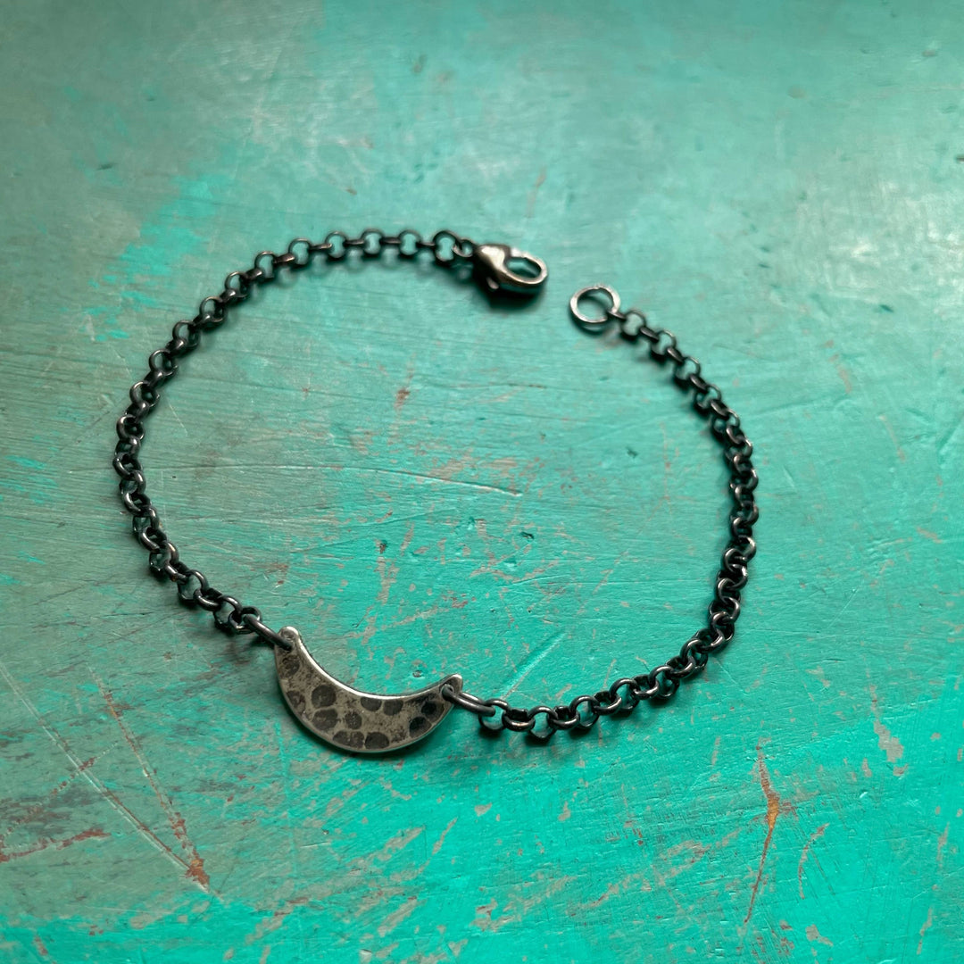 Tiny Silver Crescent Moon Bracelet with Heavy Sterling