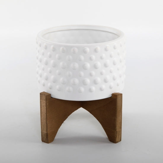 5" Hobnail Ceramic Planter On Wood Stand - Ivory