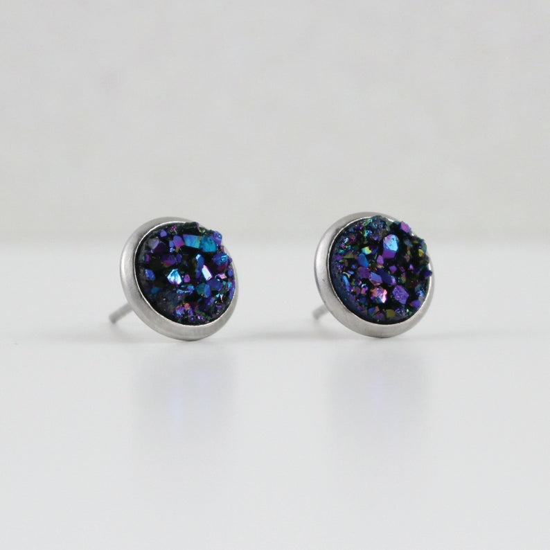 Blue Purple Druzy Crystal Earrings