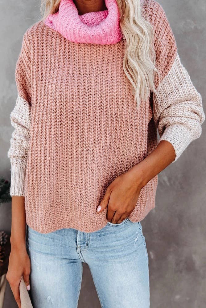 Pink High Neck Stitching Knitted Sweater