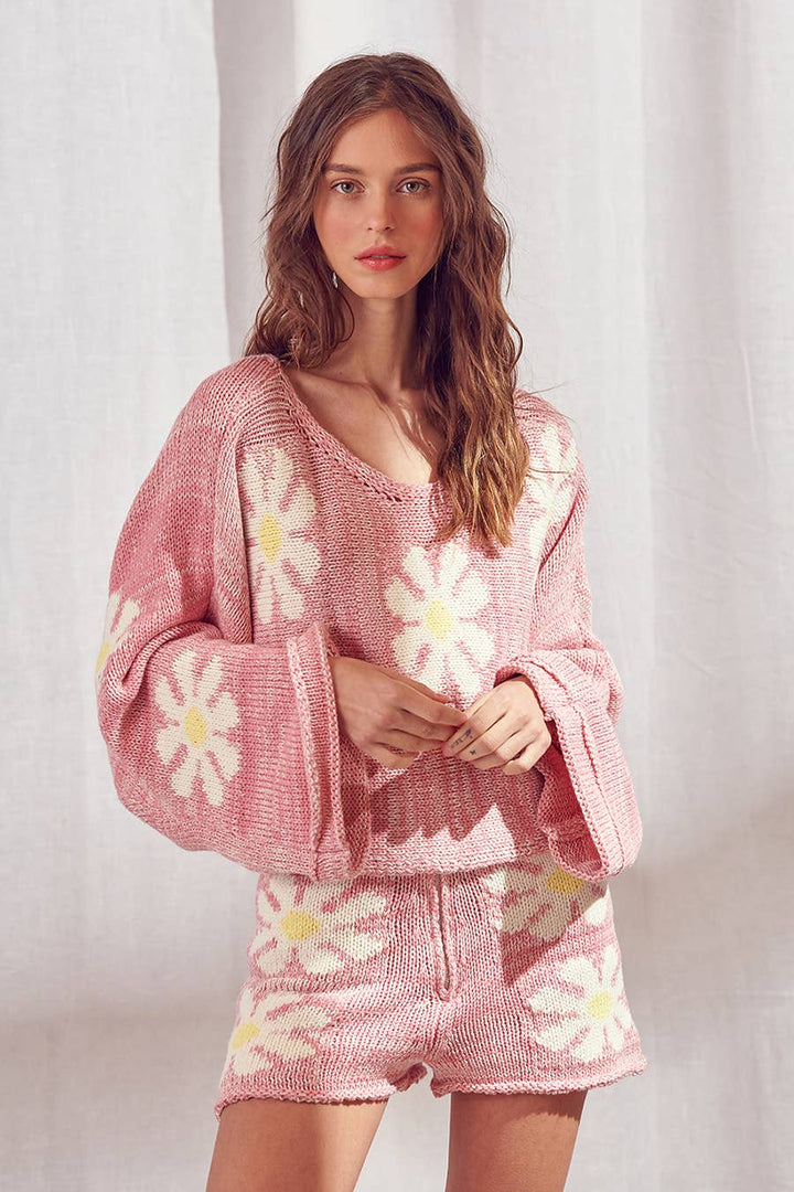 Pink Oversized Boat Neck Cropped Daisy Flower Power Sweater