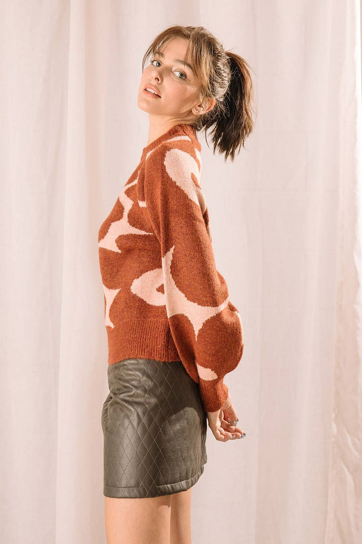 Enlarged Mod Flower Print Knit Pullover Rust & Light Coral