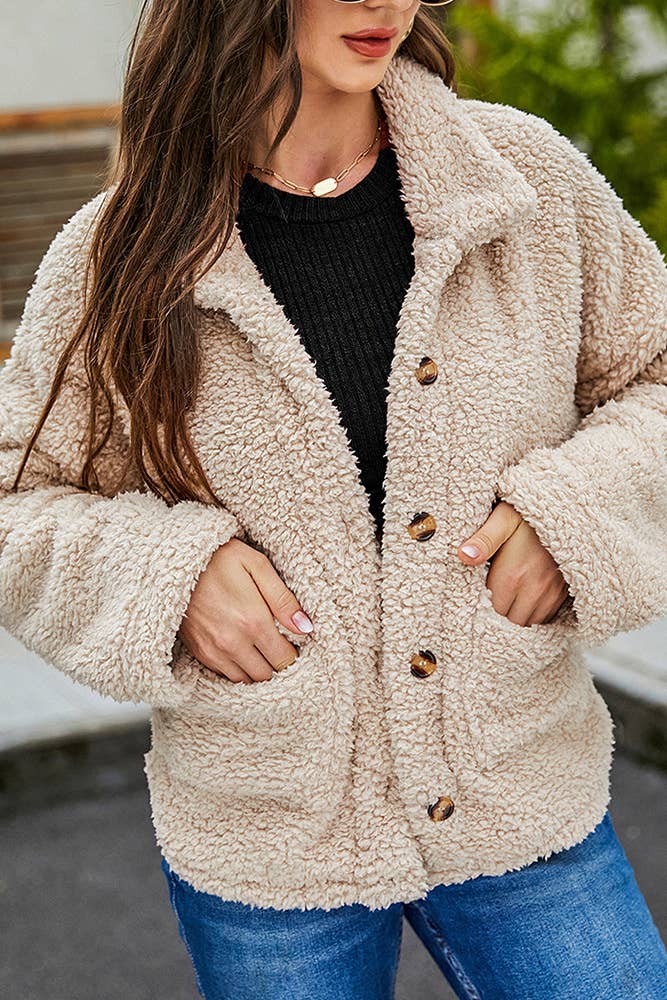 Faux Shearling Buttons Front Teddy Coat
