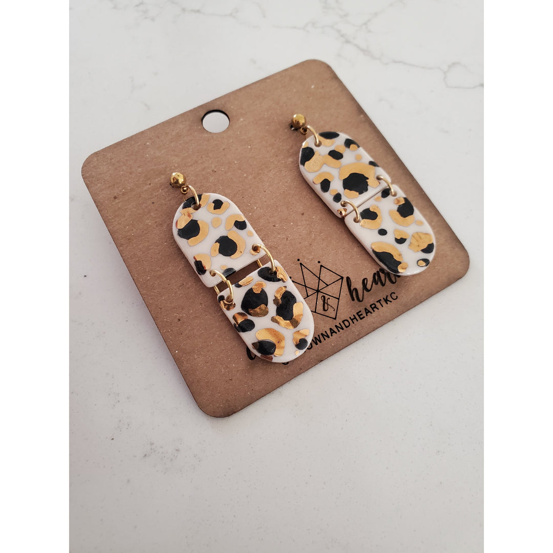 Two-Tier Black + White Leopard Earrings