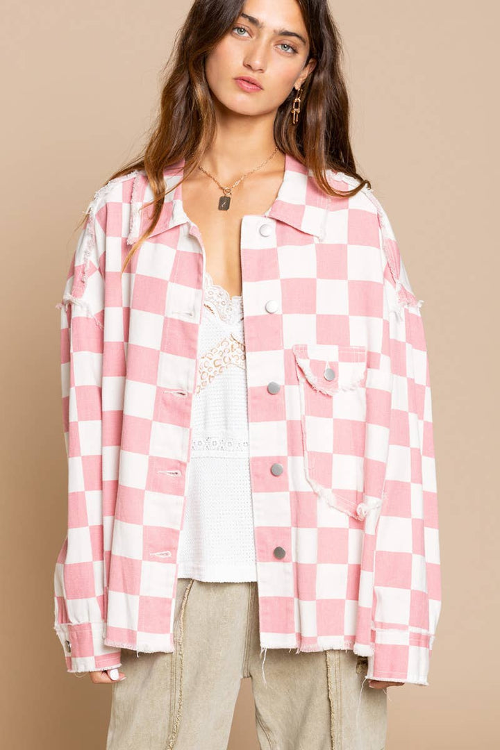 Pink White Checkered Jean Jacket