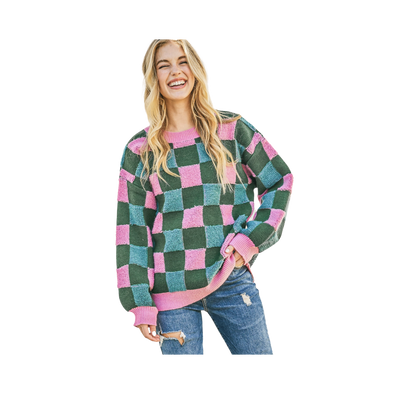 Multi Color Plaid Print Pullover Sweater Top
