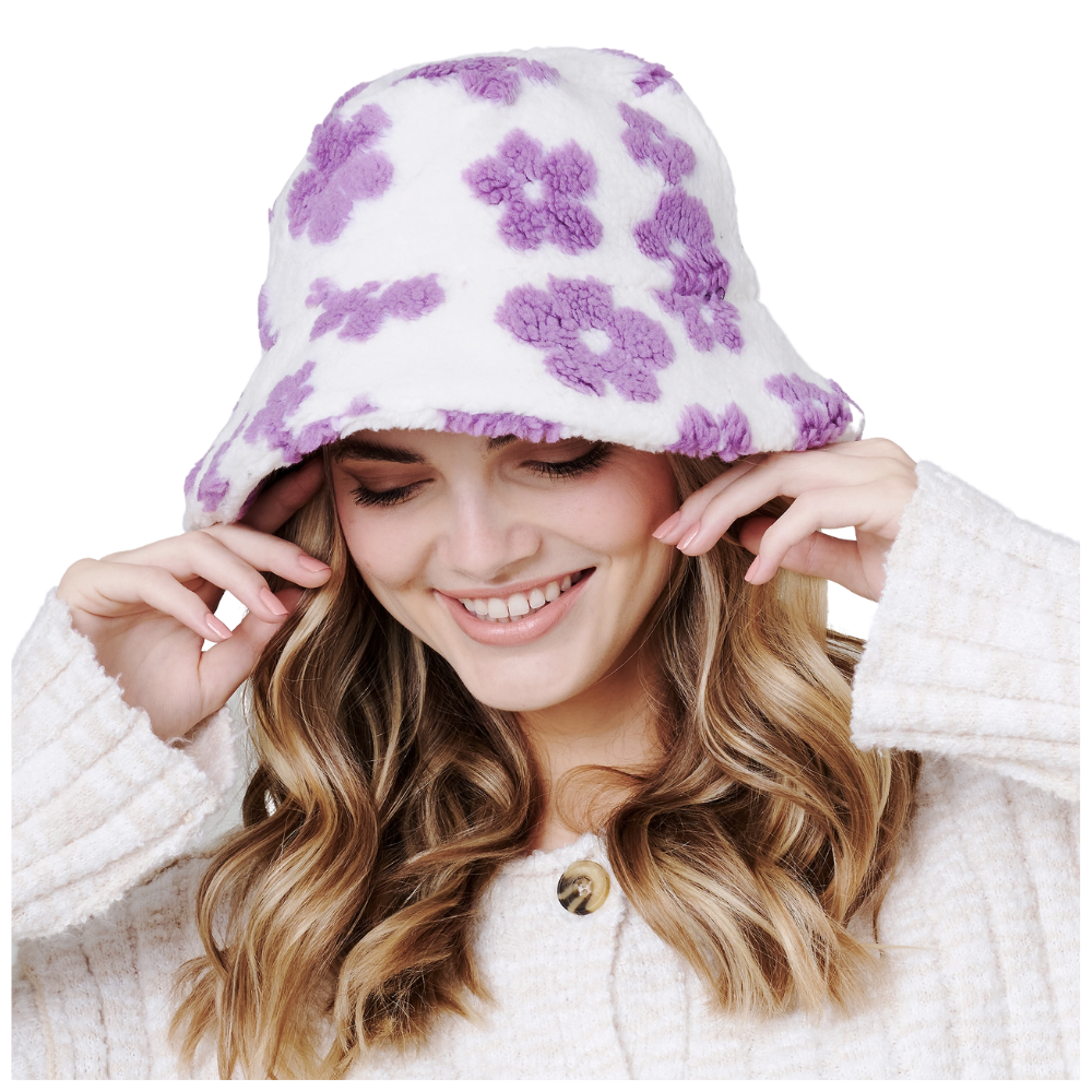 Lavender Floral Teddy Fur Bucket Hat