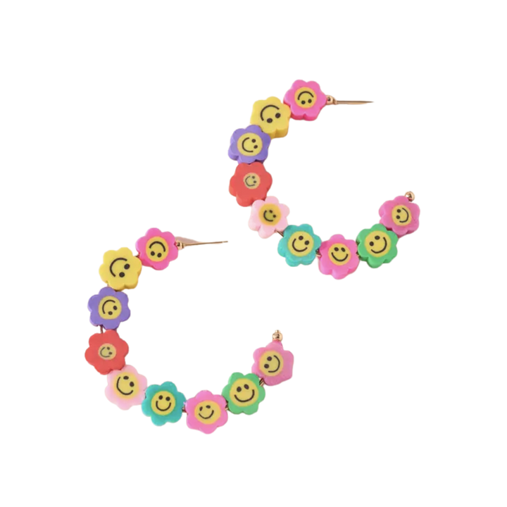 Smiley Face Flower Bead Hoop Earrings