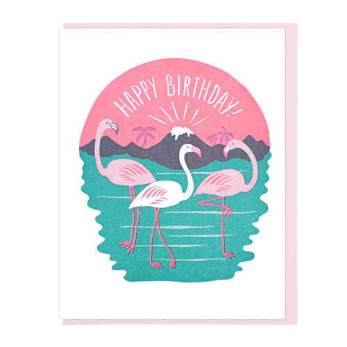 Happy Birthday Flamingos Letterpress Greeting Card