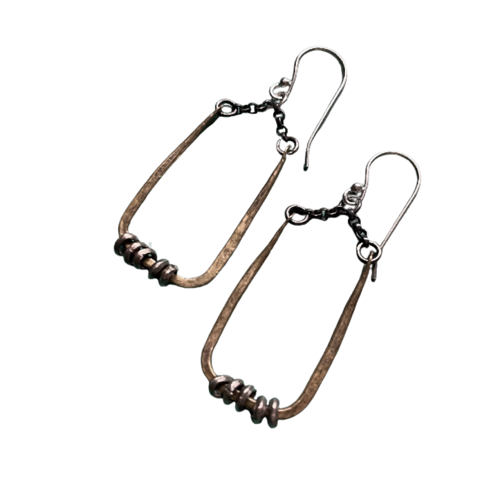 Tiny Forged Brass Rectangular Earrings with Heishi Beads