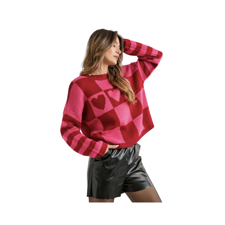 Heart checker stripe mixed pattern sweater top