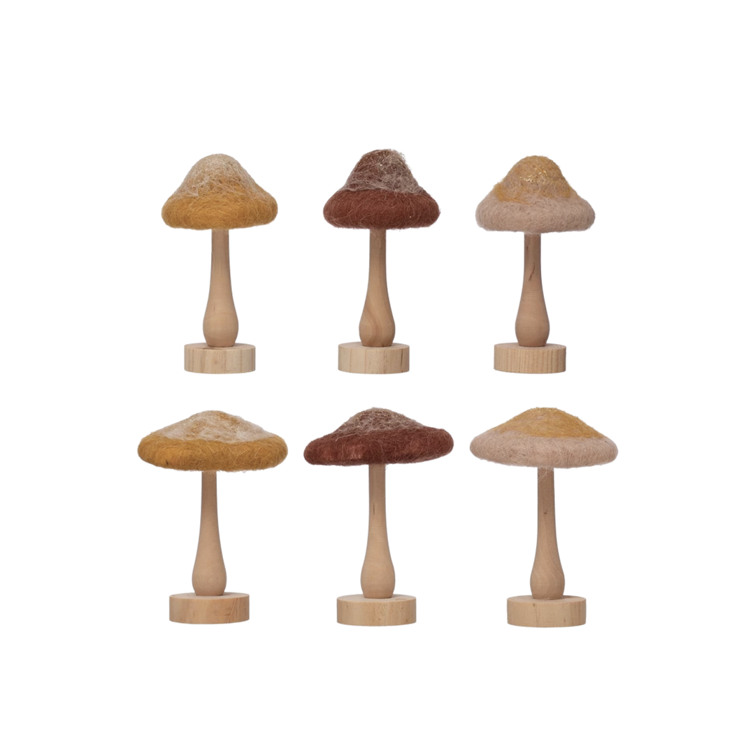 Wool Mushroom with Wood Base and Glitter