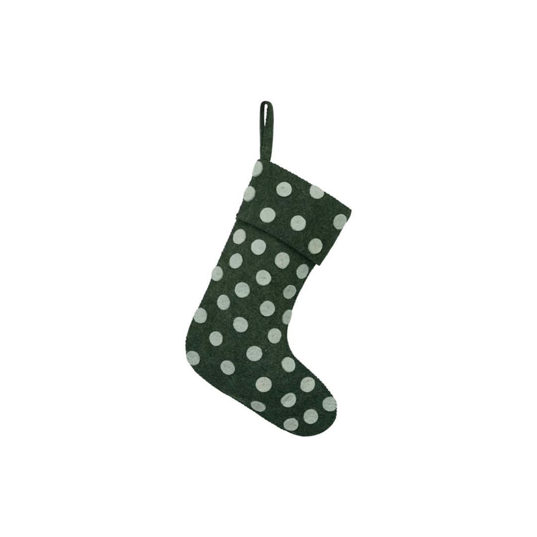 17"H Wool Felt Stocking with Applique Polka Dots, Green and Light Blue