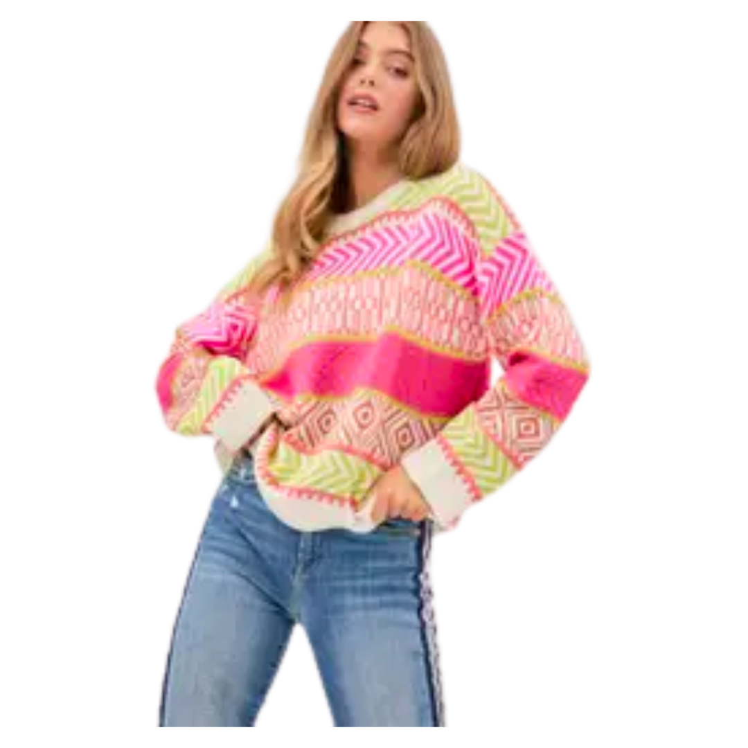 Mixed Pattern All Over Pullover Sweater Top - Neon Pink Multi