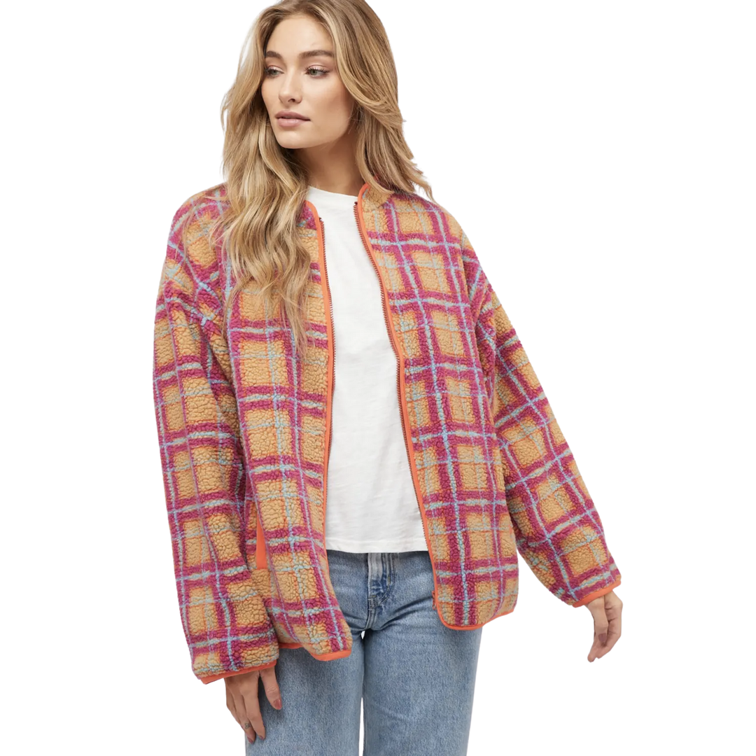 Plaid Zipper Jacket Fuchsia Beige Colored