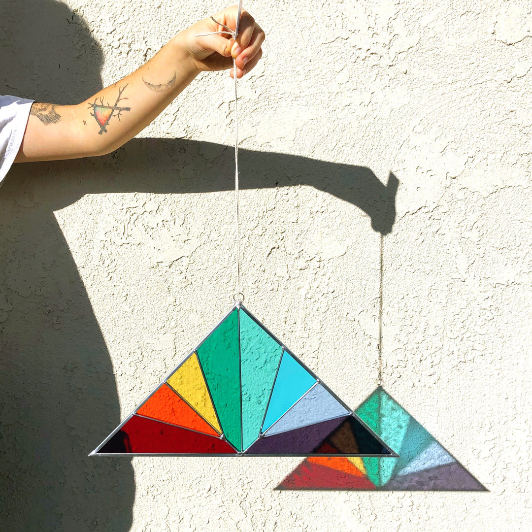 Large Triangle Stained Glass Panel - Rainbow