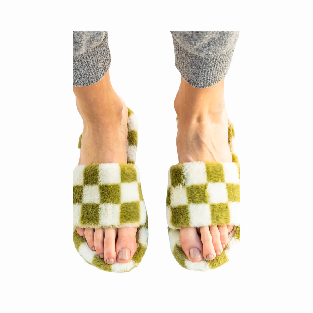 Ivory Green Checkered Fuzzy Slippers