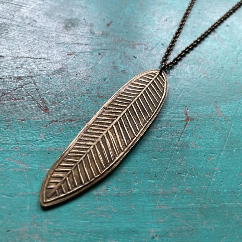 Large Carved Feather in Brass Necklace