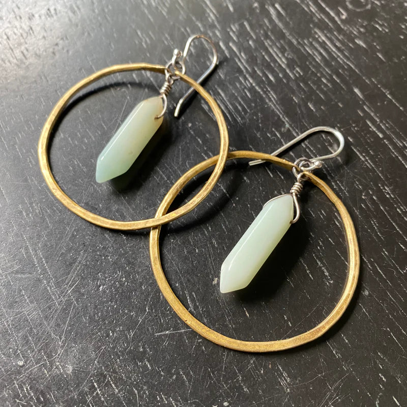 Medium Brass Hoops with Double Pointed Amazonite Crystals