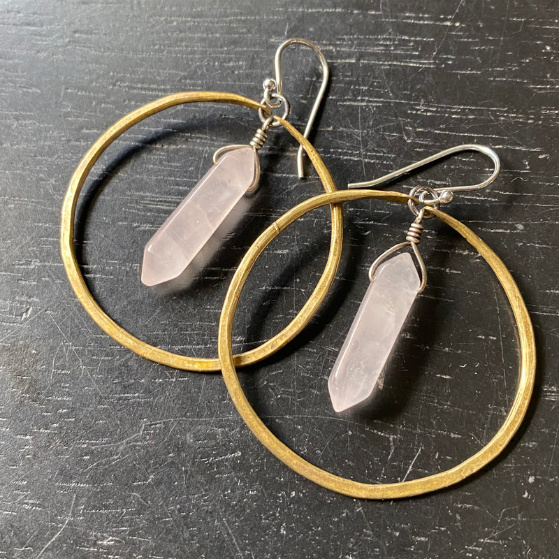 Medium Brass Hoops with Double Pointed Rose Quartz Crystals