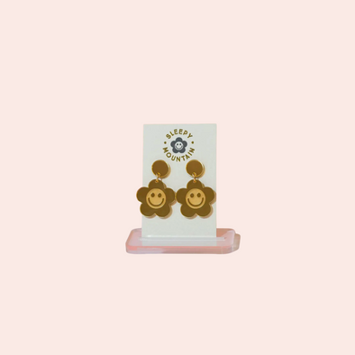 Smiley Daisy Dangle Earrings - Gold Mirror Acrylic