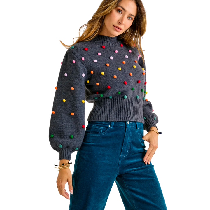 Rainbow Pompom Mock Neck Sweater
