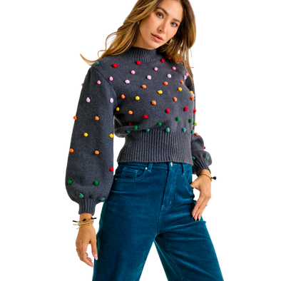 Rainbow Pompom Mock Neck Sweater