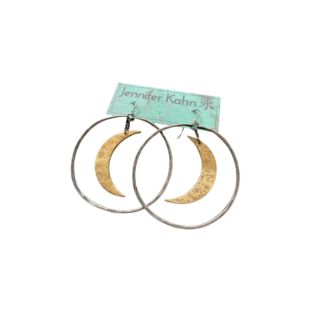XL Brass Crescent Moon in Large Silver Hoop Earrings
