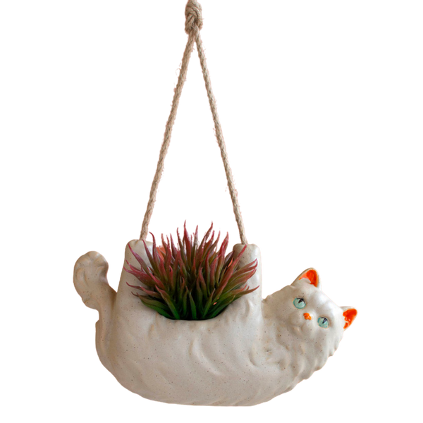 cat plant pot hanger Ceramic Fluffy Cat Hanging Planter – Golden Hour Gift Co