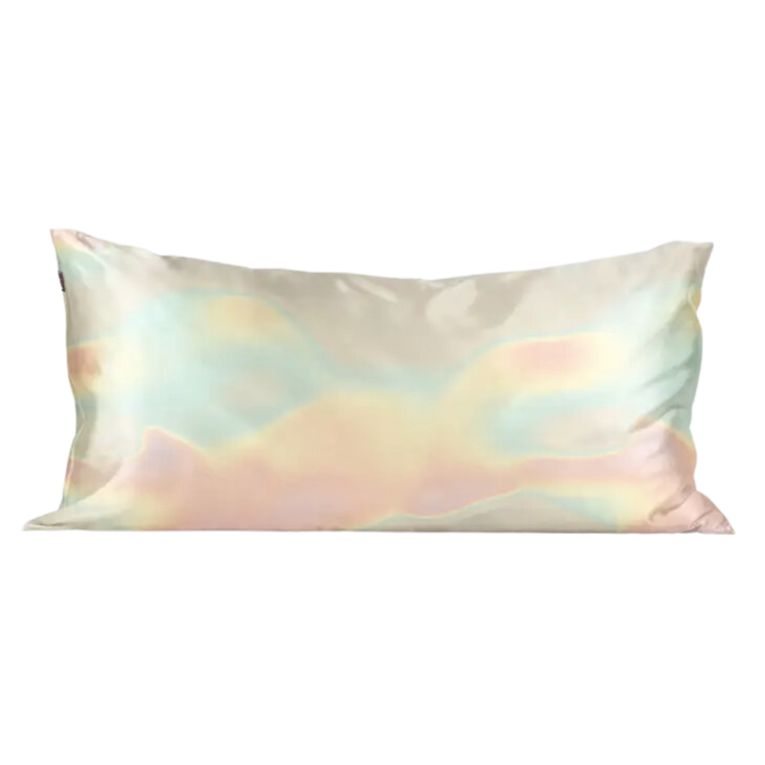 Holographic satin pillow case. Helps minimize frizz and breakage through reduced friction. Reduction of breakouts due to less moisture and dirt absorption. Helps prevent wrinkles resulting from sleep Gentle on skin, hair, eyelashes, and eyebrows. Maintains cool temperatures throughout night Includes one King size pillowcase (36"x19")